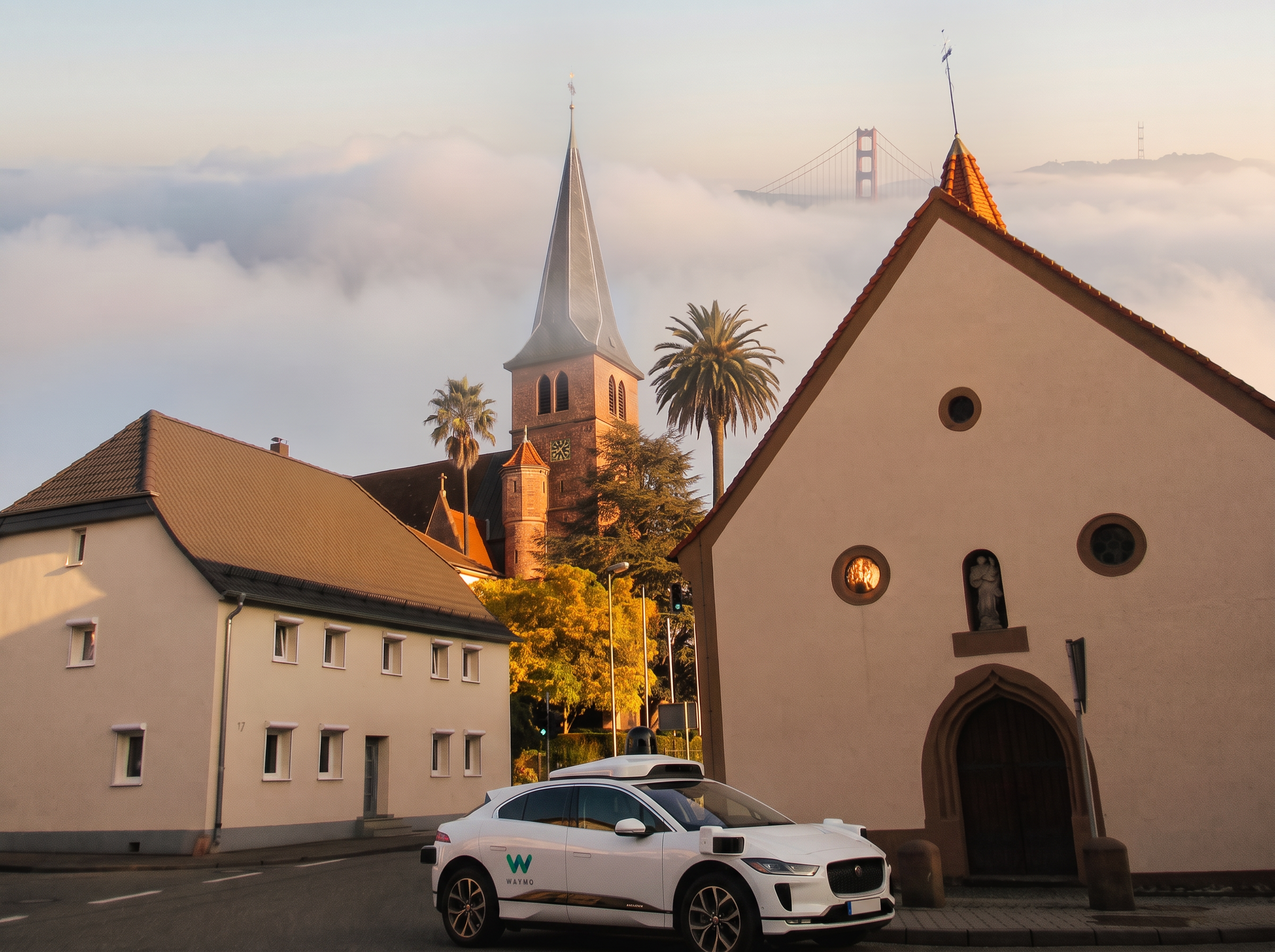 Artist's impression: Bischweier's church and chapel with palm trees and Bay Area fog, a bridge on the horizon, a Waymo parked in the foreground