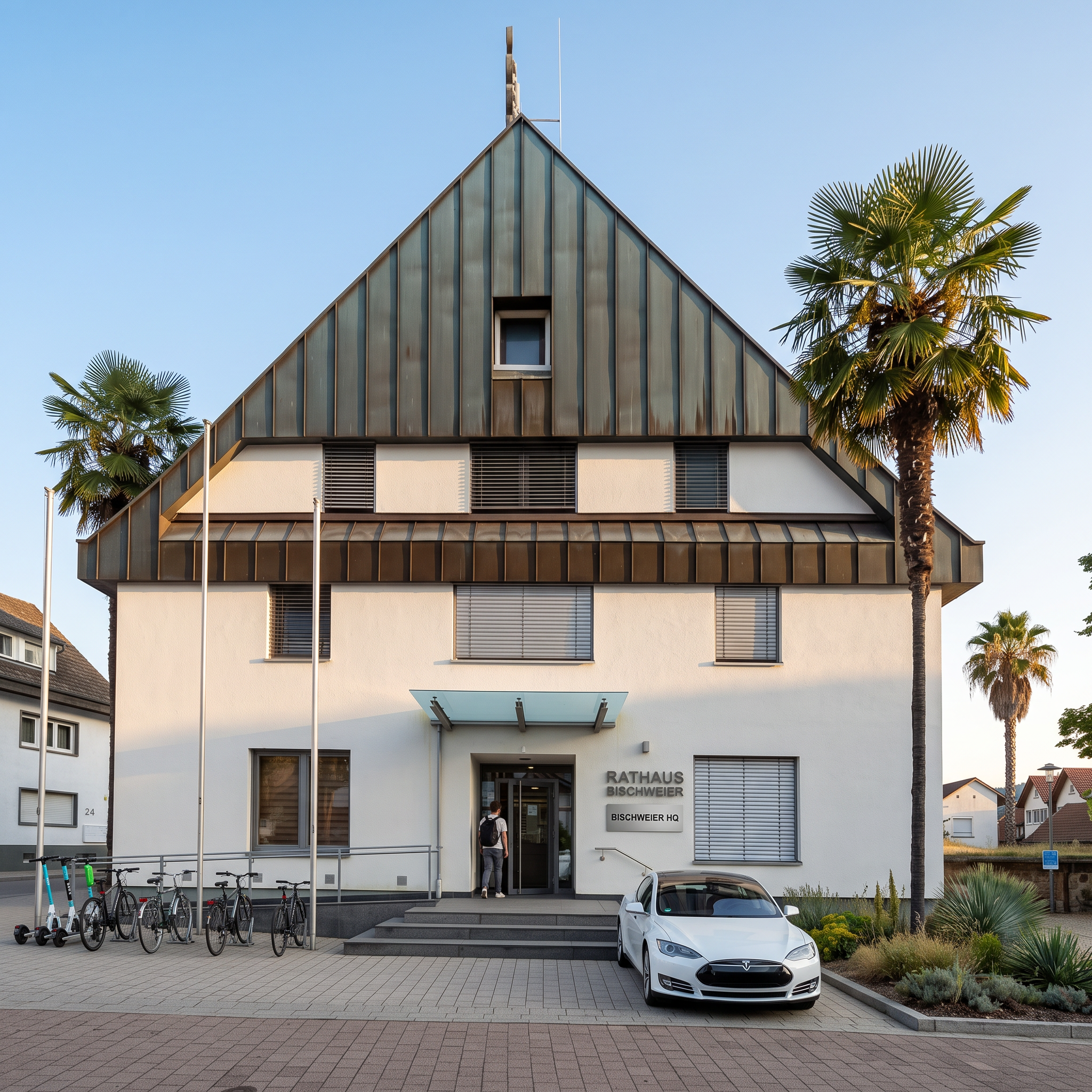 Artist's impression: Bischweier town hall reimagined as a campus, with palms, scooters and an electric car